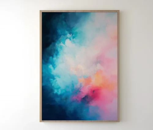 Plakat med abstrakt kunst i blå, pink og lilla nuancer.