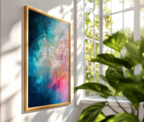 Indrammet plakat med abstrakt kunst i levende farver, placeret i et lyst rum med planter.