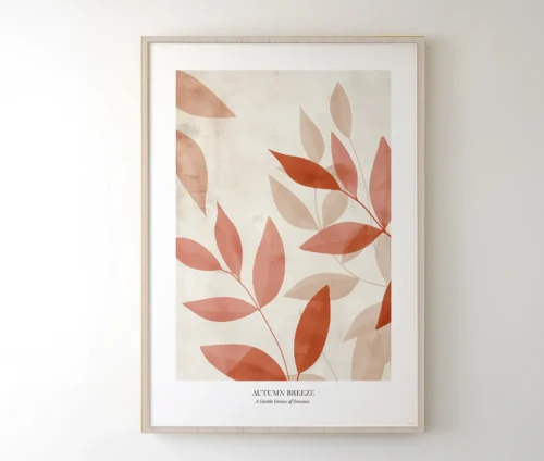 Botanisk plakat med blade i terrakotta nuancer, indrammet på væggen i et lyst rum.