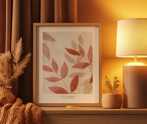 Indrammet botanisk plakat i varme terrakotta nuancer, placeret på en trækommode med hyggebelysning.