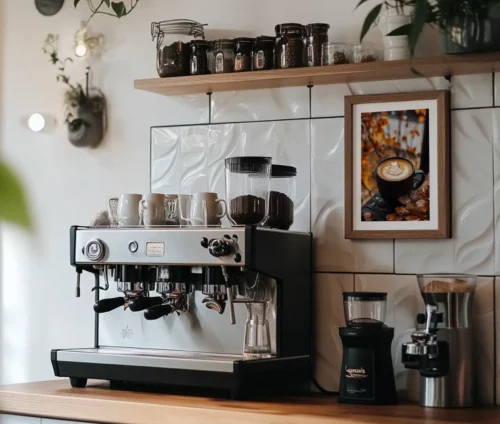 Kaffeplakat med latte i mørk kop og efterårsblade, hængende i køkkenet.
