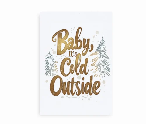 Hvid plakat med teksten "Baby, It's Cold Outside" i gyldne bogstaver og dekoreret med snefnug og grantræer.