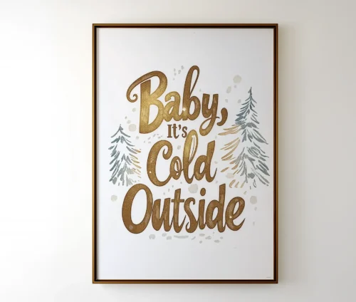 Hvid plakat med teksten "Baby, It's Cold Outside" i gyldne bogstaver og dekoreret med snefnug og grantræer.
