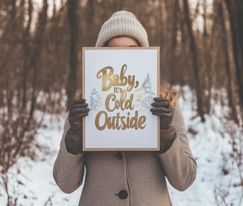 En kvinde i vintertøj holder plakaten "Baby, It's Cold Outside" med sne og træer i baggrunden.