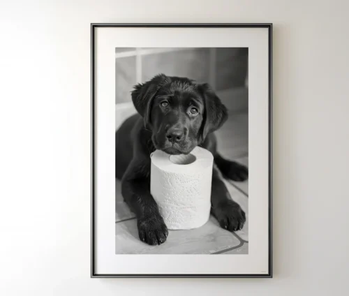 Sort-hvid plakat af Labrador-hvalp med toiletrulle, isoleret på hvid baggrund.