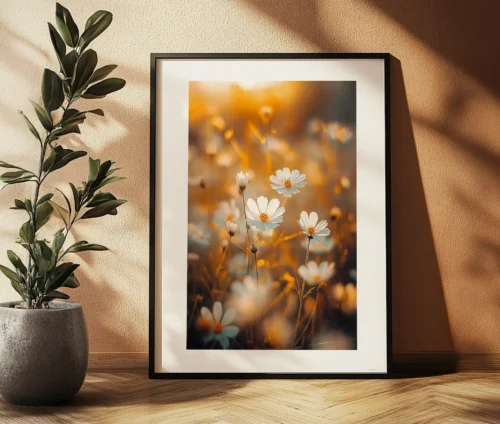 Efterårsblomster plakat med hvide blomster i gyldne solstråler på en mark.