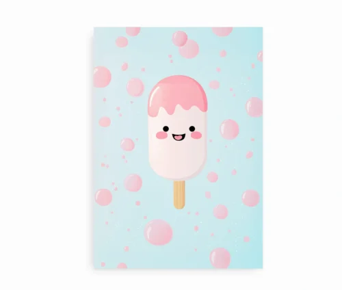 Kunstplakat med et smilende ismotiv omgivet af lyserøde bobler.
