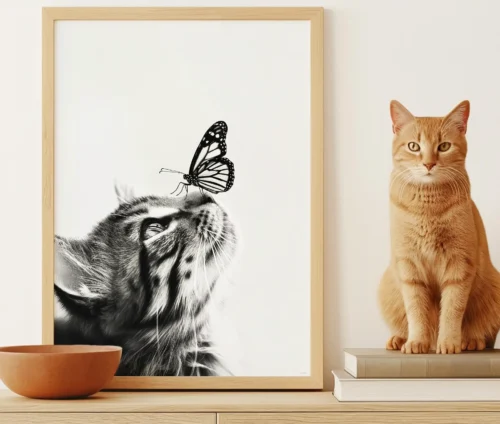 Plakat af en kat med en sommerfugl på næsen i sort/hvid.