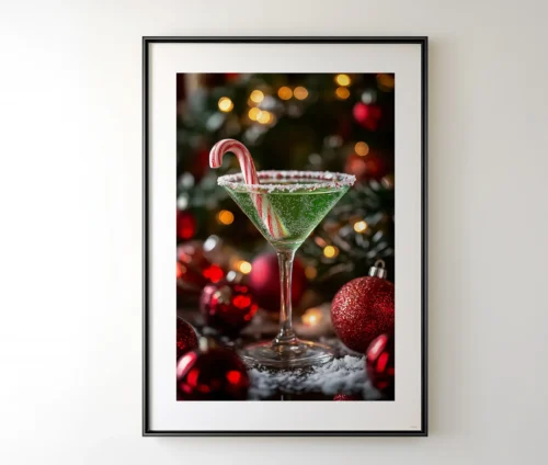Christmas Cocktail plakat med farverigt cocktailmotiv, indrammet og hængt op som juledekoration.