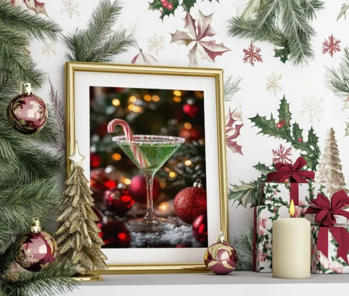 Christmas Cocktail plakat i guldramme, placeret på en hylde med julepynt som kugler og gaveæsker.