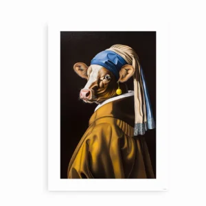 Plakat af en ko med perleørering og turban inspireret af det ikoniske maleri.