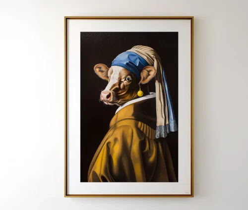 Plakat af en ko med perleørering og turban – parodi på Vermeers "Pigen med perleøreringen".