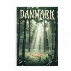 Plakat med dansk skov og picnic i sollys