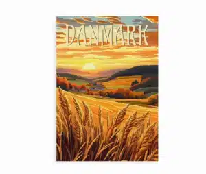 Plakat med dansk kornmark i solnedgang