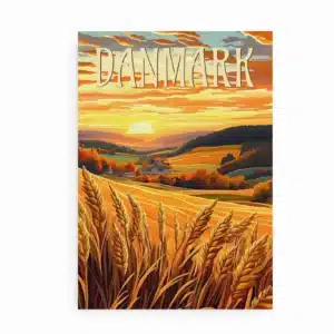 Plakat med dansk kornmark i solnedgang