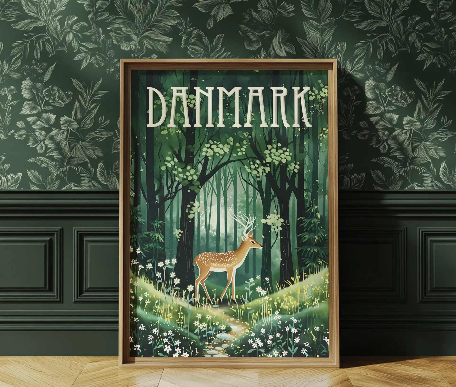 Kunstplakat med dådyr i dansk skov, præsenteret i en naturinspireret opstilling.
