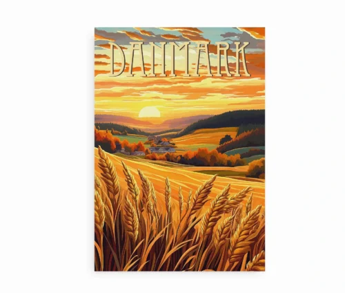 Indrammet Danmark-plakat med kornmarker og solnedgang i varme farver på en lys væg.