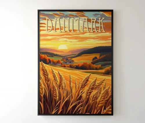 Plakat med solnedgang over Danmarks kornmarker og gyldne farver.
