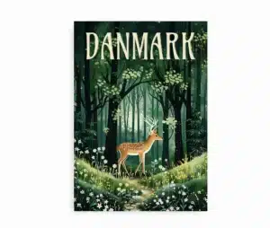 Plakat med dansk forårsskov og rådyr i grøn natur