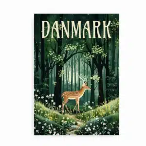 Plakat med dansk forårsskov og rådyr i grøn natur
