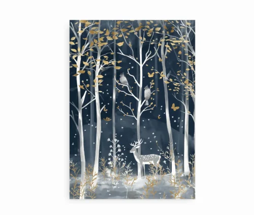 Winter Wonderland plakat med skovmotiv og hvid hjort på en dybblå baggrund, trykt uden ramme.