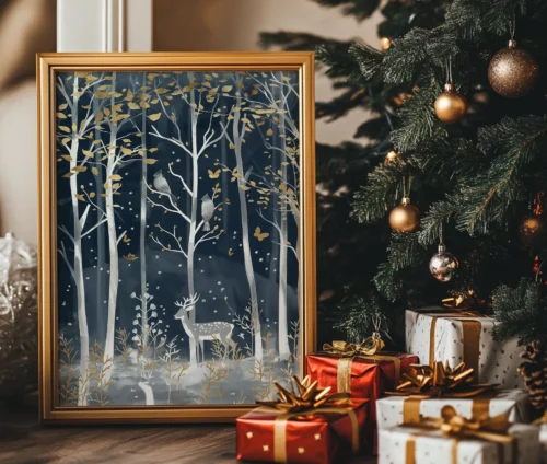 Winter Wonderland plakat indrammet i guld, placeret ved et juletræ med gaver og gyldent julepynt.