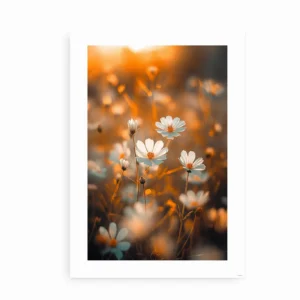 Efterårsblomster plakat med gyldne farver og sarte blomster i sollys.