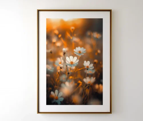 Blomsterplakat med efterårstoner og blødt sollys.