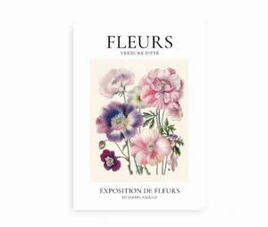 Blomstermotiv med lyserøde og lilla blomster på en plakat med teksten "Fleurs – Verdure d'Été".