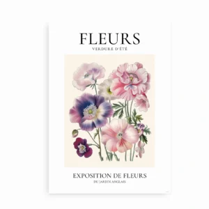 Blomstermotiv med lyserøde og lilla blomster på en plakat med teksten "Fleurs – Verdure d'Été".