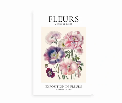Blomstermotiv med lyserøde og lilla blomster på en plakat med teksten "Fleurs – Verdure d'Été".