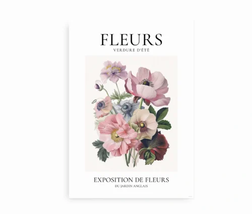 Smuk blomsterplakat med franske botaniske detaljer.