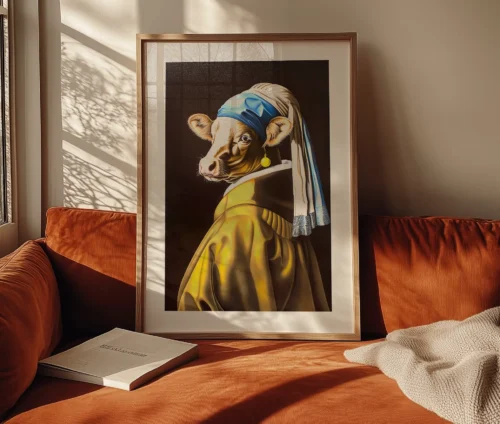 Parodi på "Pigen med perleøreringen" med en ko som hovedmotiv.