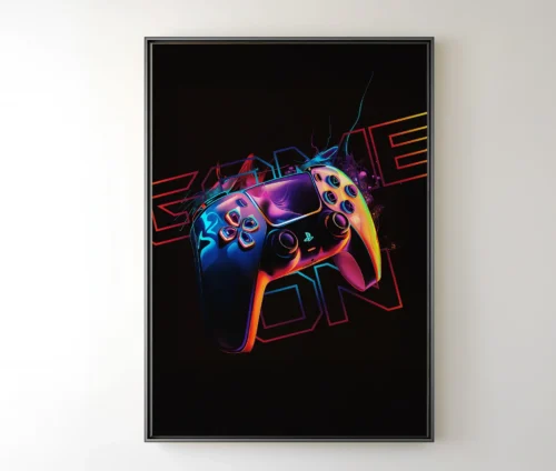 Gamer plakat med controller og neon-effekter på sort baggrund.