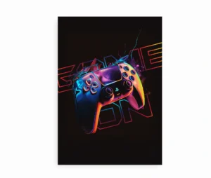 Grafisk gamer plakat med teksten "Game On" og neon-effekter.