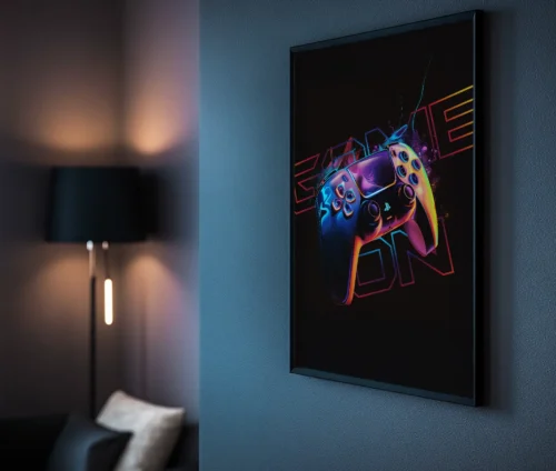 Indrammet gamer plakat med neon controller-design på en væg i gaming-rum.