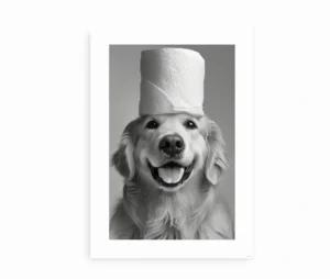 Humoristisk badeværelsesplakat med en Golden Retriever og en toiletrulle, præsenteret i sort-hvid.