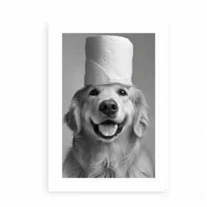 Humoristisk badeværelsesplakat med en Golden Retriever og en toiletrulle, præsenteret i sort-hvid.
