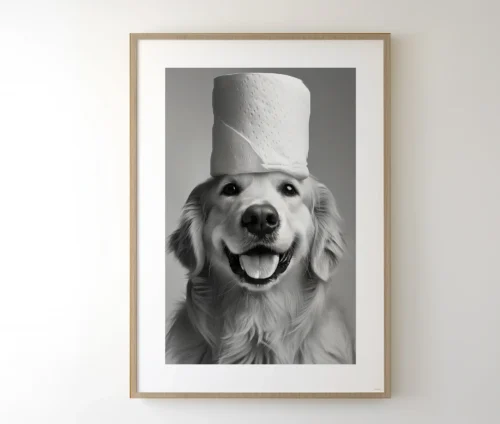Plakat af en smilende Golden Retriever med en toiletrulle balancerende på hovedet.