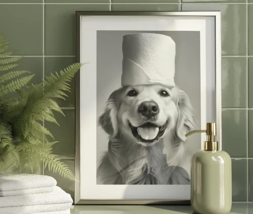 Sort-hvid plakat til badeværelse med Golden Retriever og en toiletrulle på hovedet.