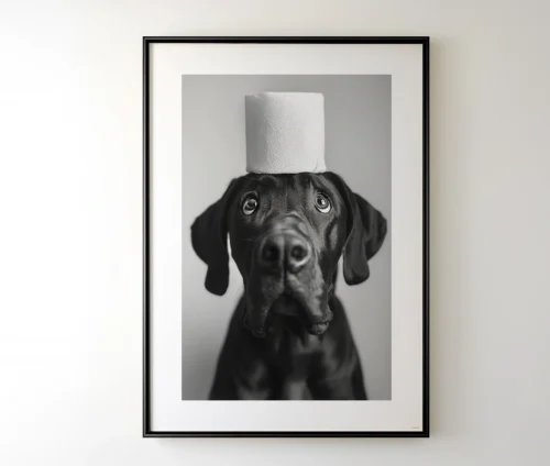 Grand Danois plakat i sort-hvid med toiletpapir på hundens hoved, indrammet på en væg.