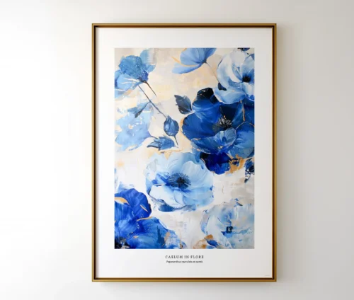 Blomsterplakat med abstrakte blå blomster og gyldne elementer i moderne design.