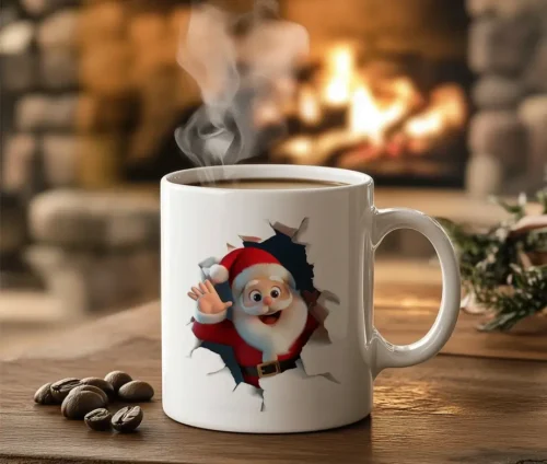 Julekrus med julemand, placeret foran en hyggelig pejs. Ideelt til kaffe eller kakao i vintermånederne.