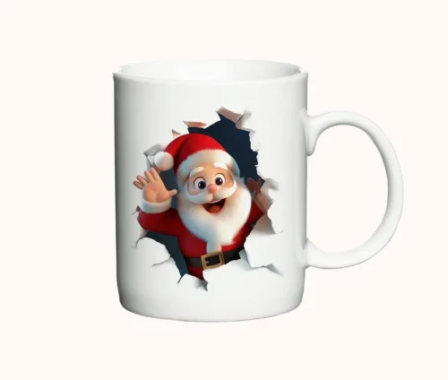 Julekrus med julemand i 3D-design, hvor han kigger ud gennem kruset. Ideelt til julehygge med varme drikke.
