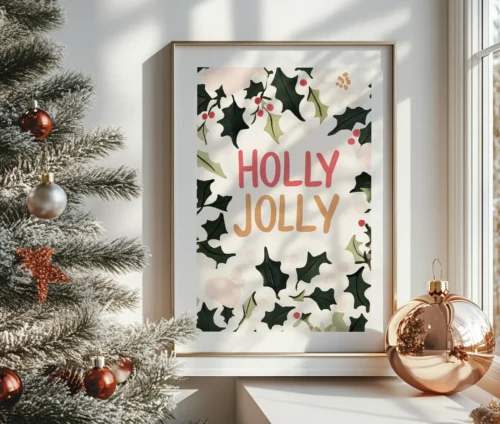 Holly Jolly juleplakat i ramme, stillet på en hylde ved siden af en juledekoration med juletræ og kugler.