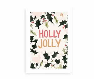 Holly Jolly juleplakat med kristtornblade og bær i grønlige og rødlige farver.