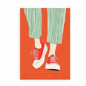 Grafisk plakat med sneakers og stribede bukser, isoleret på en hvid baggrund.