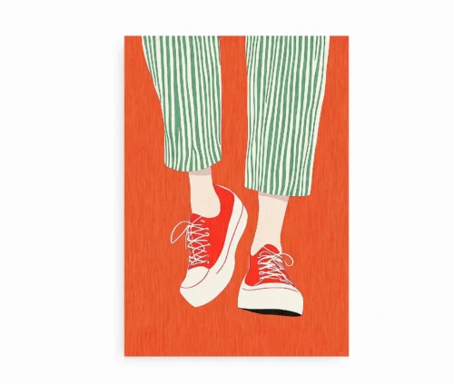 Grafisk plakat med sneakers og stribede bukser, isoleret på en hvid baggrund.