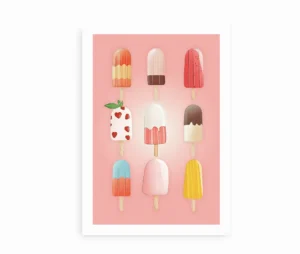 Farverig Ice Cream-plakat med ni ispinde i pastelfarver på lyserød baggrund.