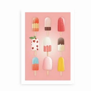 Farverig Ice Cream-plakat med ni ispinde i pastelfarver på lyserød baggrund.